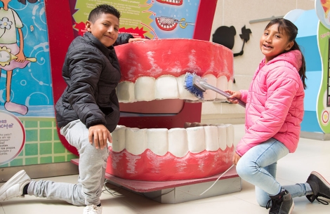 Alex and Kendra demonstrate tooth brushing technique on a giant mouth